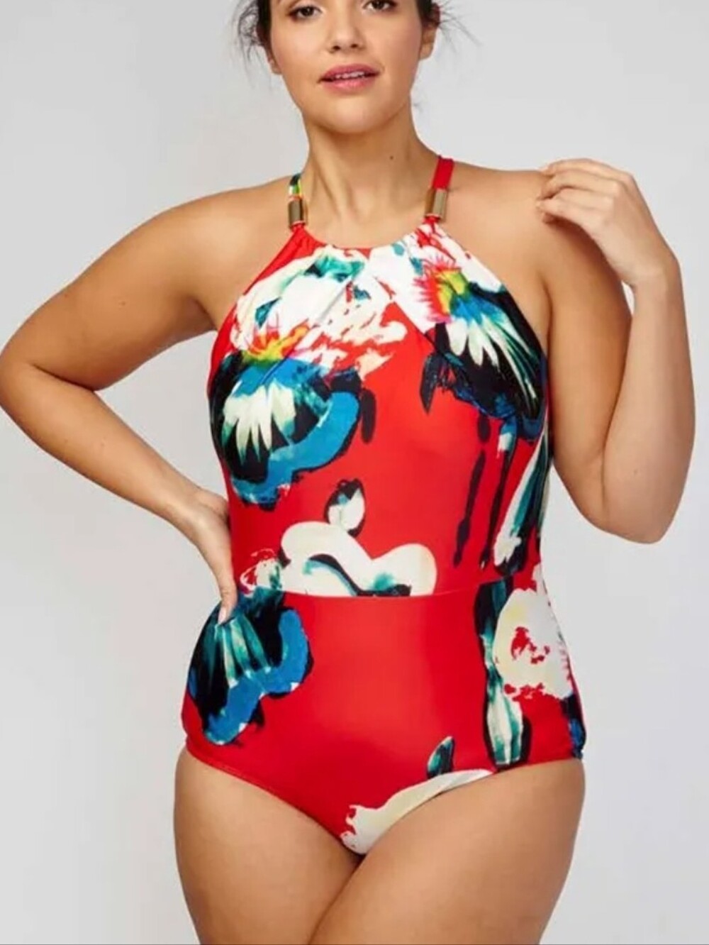 LELA ROSE for CACIQUE Women’s Red Floral High-Neck One-Piece Swimsuit 22